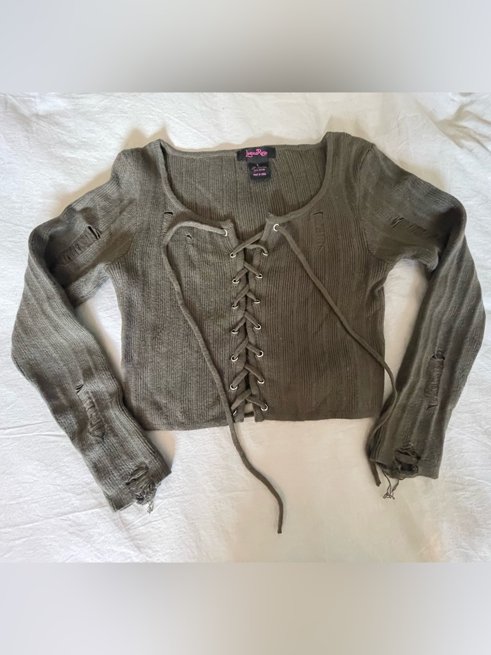 NEW Forever 21 Olive Green Lace-Up Ribbed Crop Top Sweater L - Olive Green - Picture 2 of 3